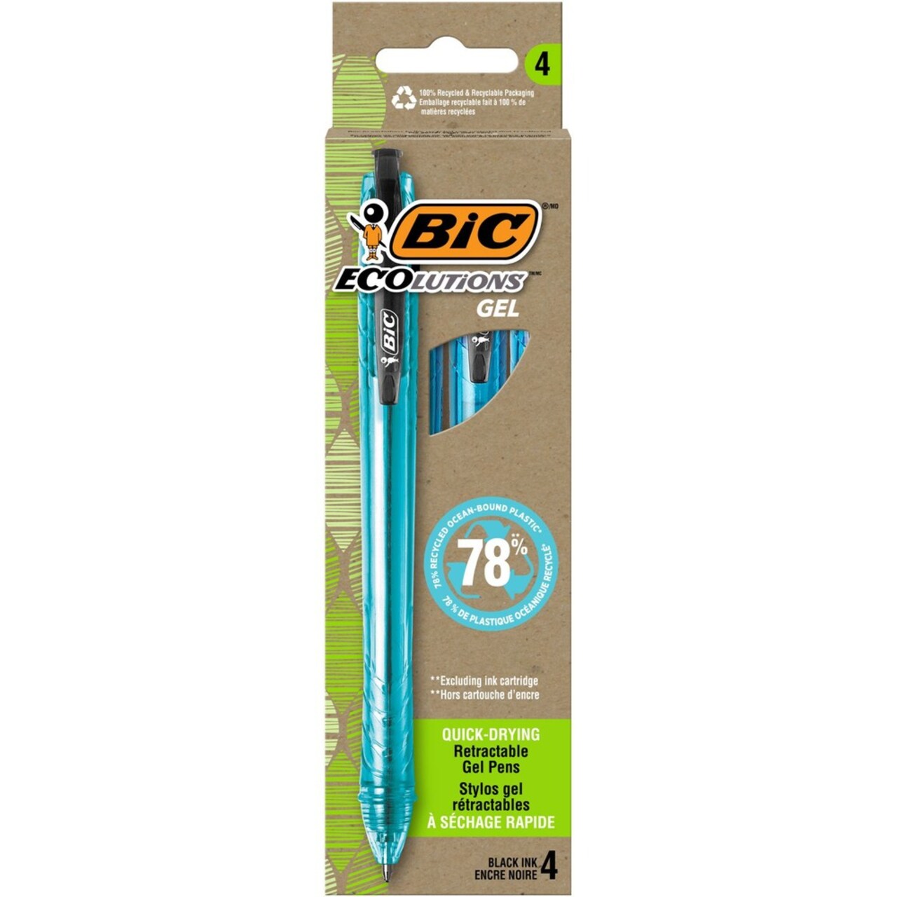 BIC Ecolutions Medium 1 mm Gel Pen - Black Ink/Blue Barrel (4/Pack)